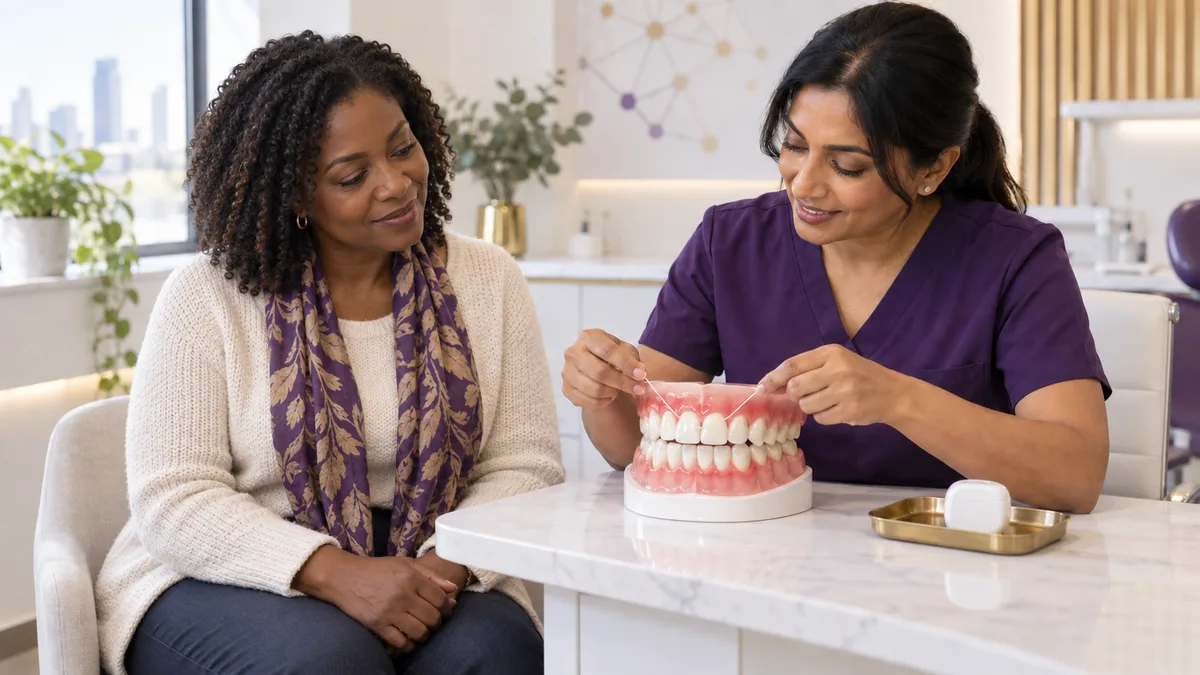 A hygienist demonstrating flossing on a dental model to a patient