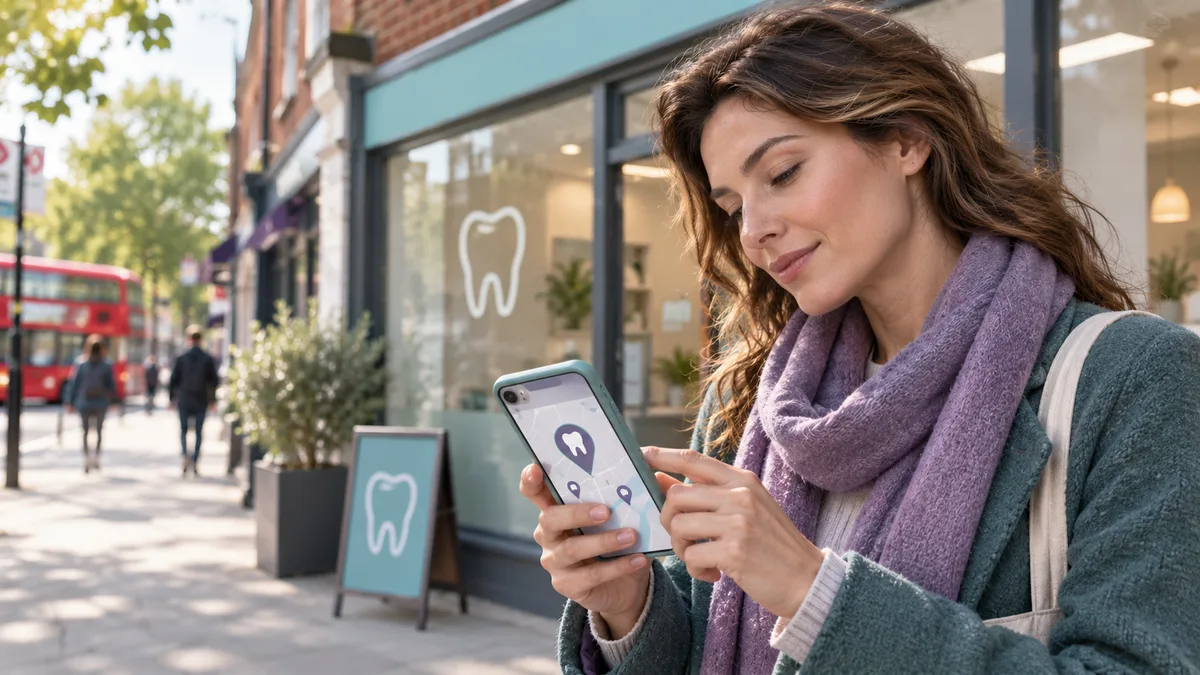 Searching for a dentist on a phone outside a dental practice in East London