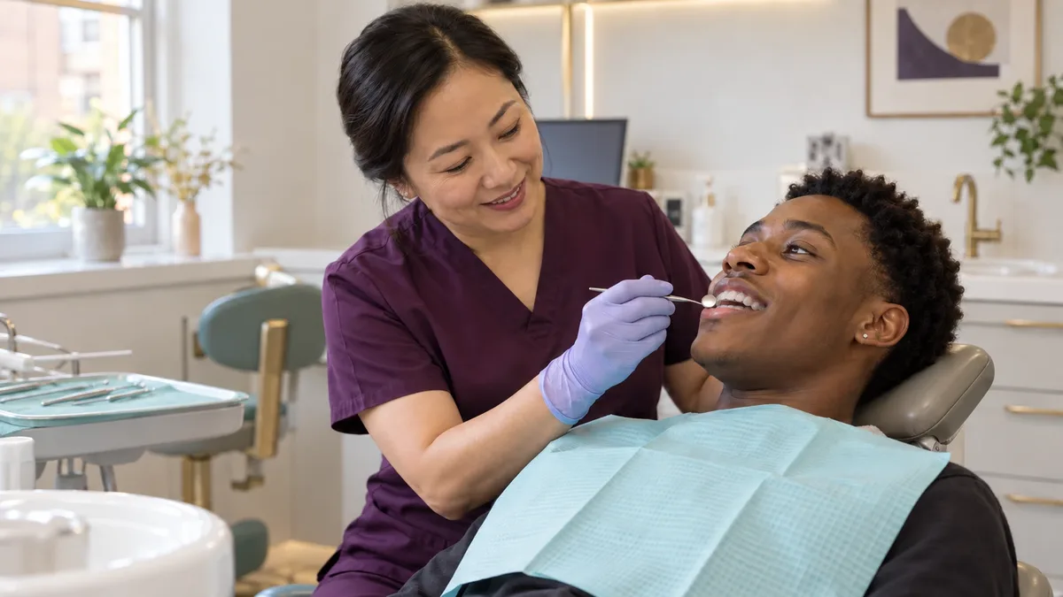 A dentist examining a smiling patient's teeth during a routine check-up