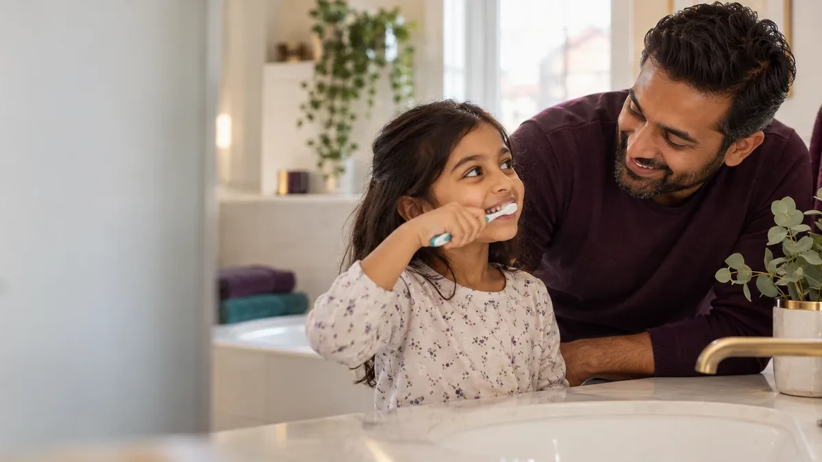 A father smiling as his young daughter brushes her teeth at the bathroom sink