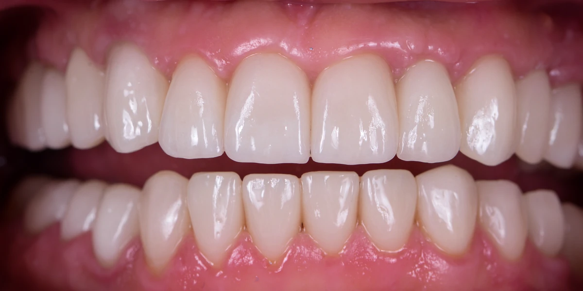 The same teeth after implant treatment, a full upper and lower reconstruction